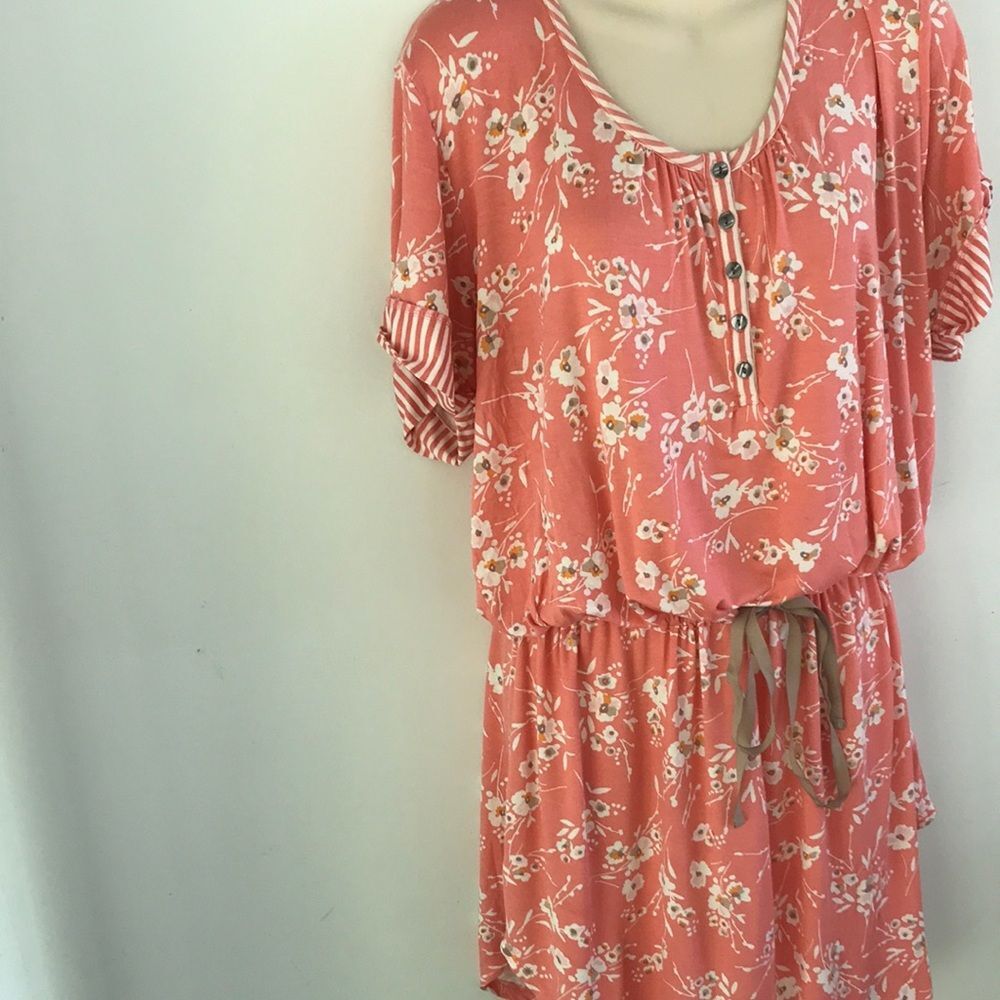 Ellen Tracy Floral Drawstring Waist Coral Comfy Lightweight Summer Dress L - Picture 4 of 8